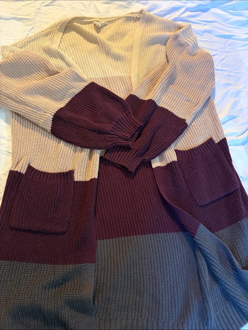 Colorblock Open-Front Cardigan Sweater in Cream, Plum & Gray